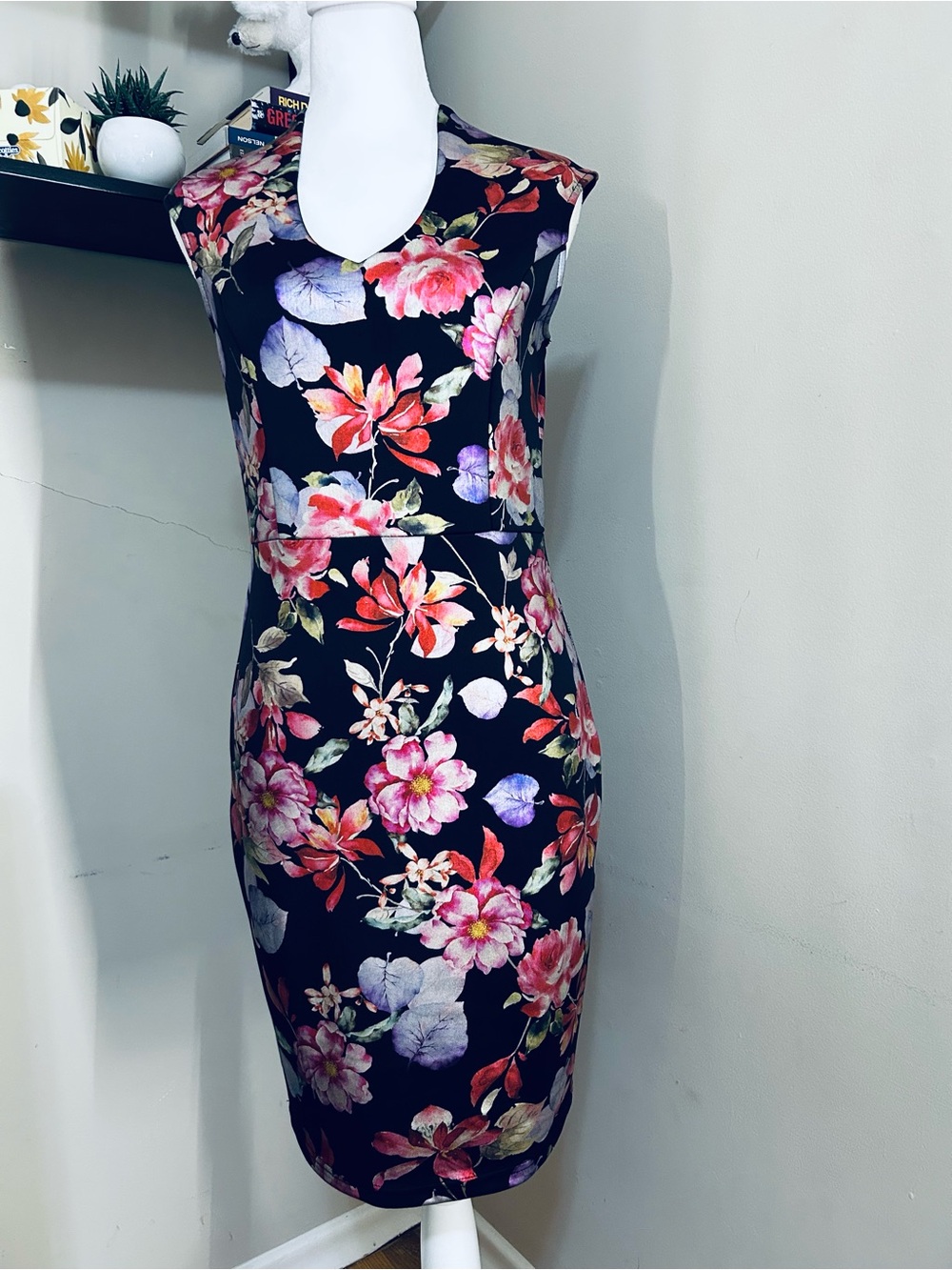 BLACK Collection Floral Dress with hearth Neckline in Red, Pink & Purple Blooms